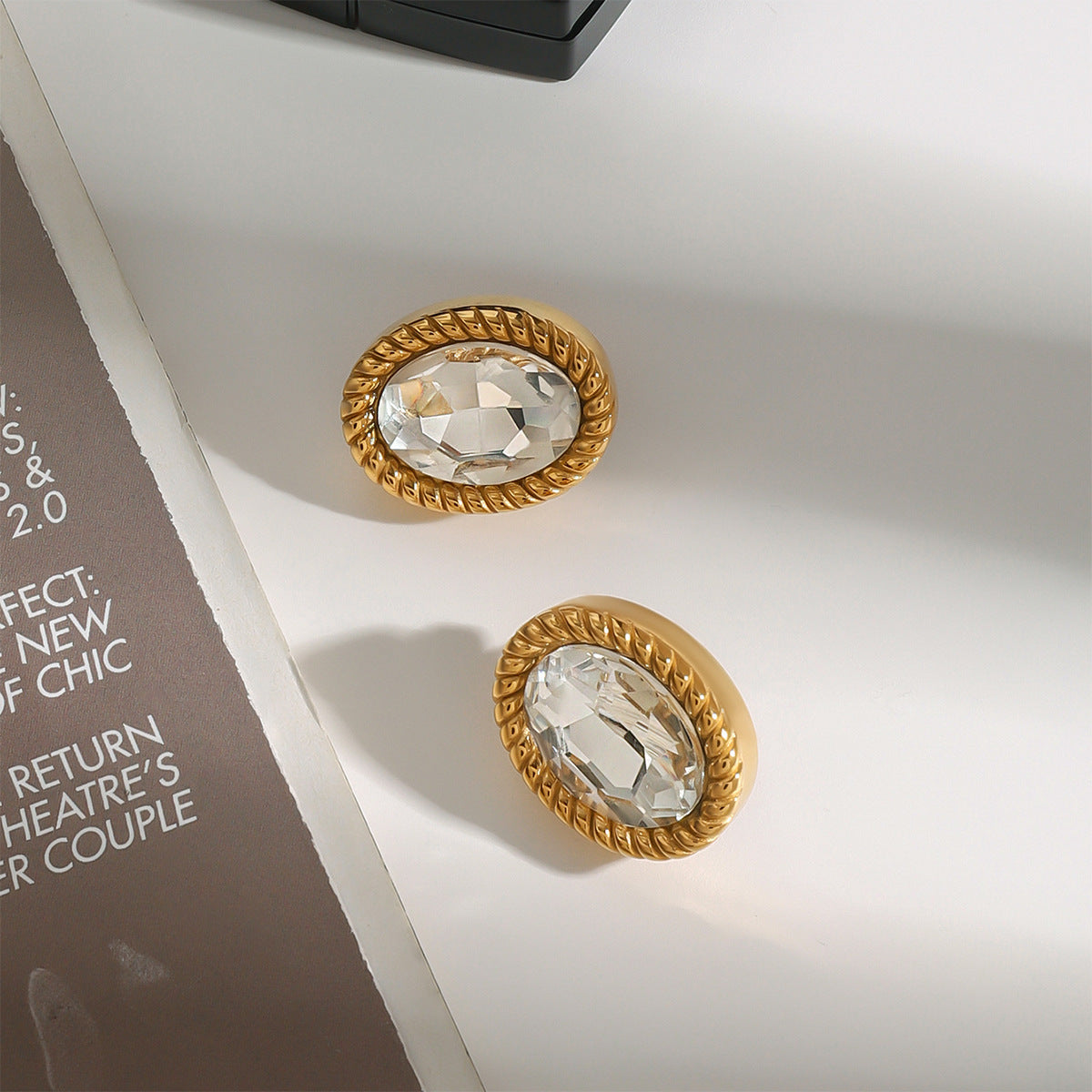 Design 18K Gold Stainless Steel Oval Glass Stone Earrings